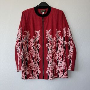 Bob‎ Mackie Medium Brushed Red Black Stripe Pattern Full Zip Blazer Jacket